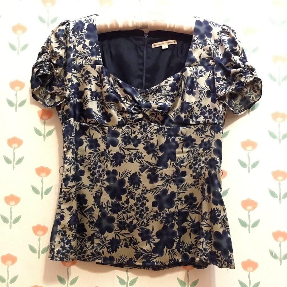 Nanette Lepore silk zip-back blouse deep blue floral Sz 2